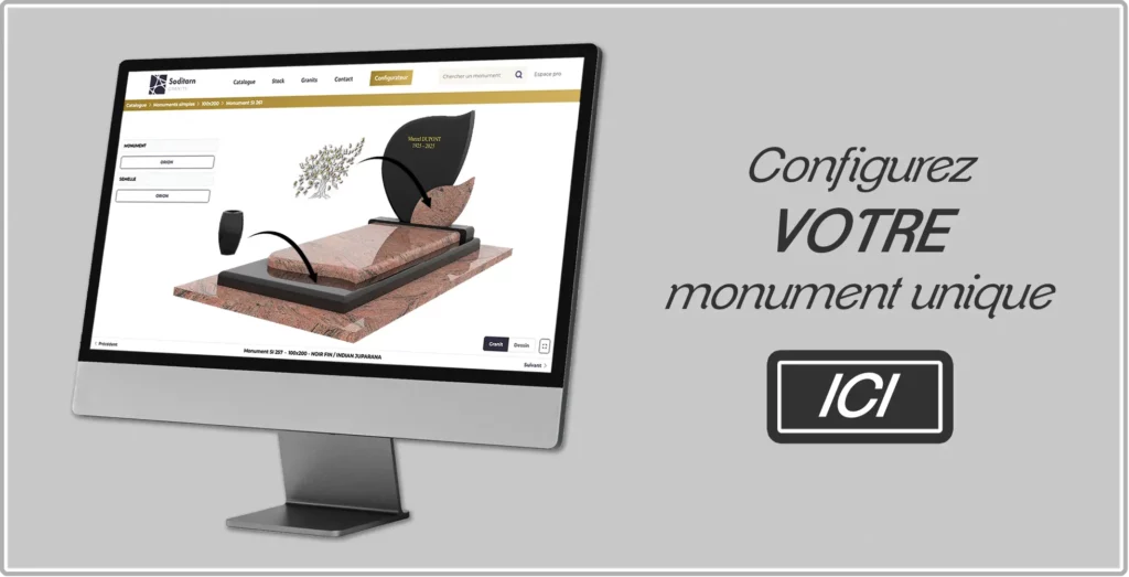 Écran d'ordinateur affichant un configurateur en ligne de monument funéraire sur mesure.